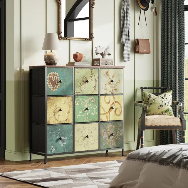 Solvenrik Ladekast met 9 Lades – Industrieel Opbergkast met Stoffen Lades en Metalen Frame – Walnoot Look Bloemen patroon