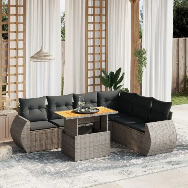 vidaXL 7-delige Loungeset met kussens poly rattan grijs, foto 2