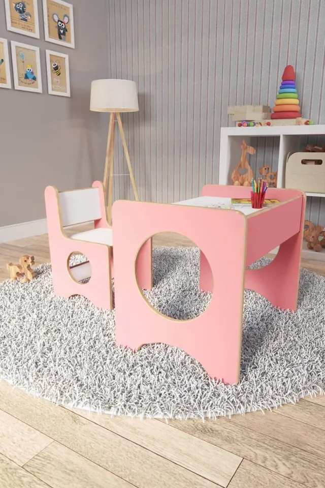 Zeo Wood Kindertafel en Stoeltjes - Speeltafel - Kindertafel met Stoeltjes - Kinderbureau - Montessori Kindertafel - Roze