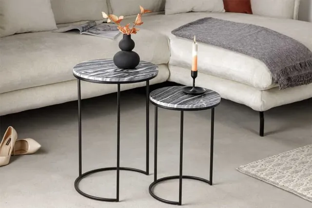 Invicta Interior Design bijzettafel set van 2 ELEMENTS 40cm grijs marmer zwart frame rond - 41555 Zie omschrijving