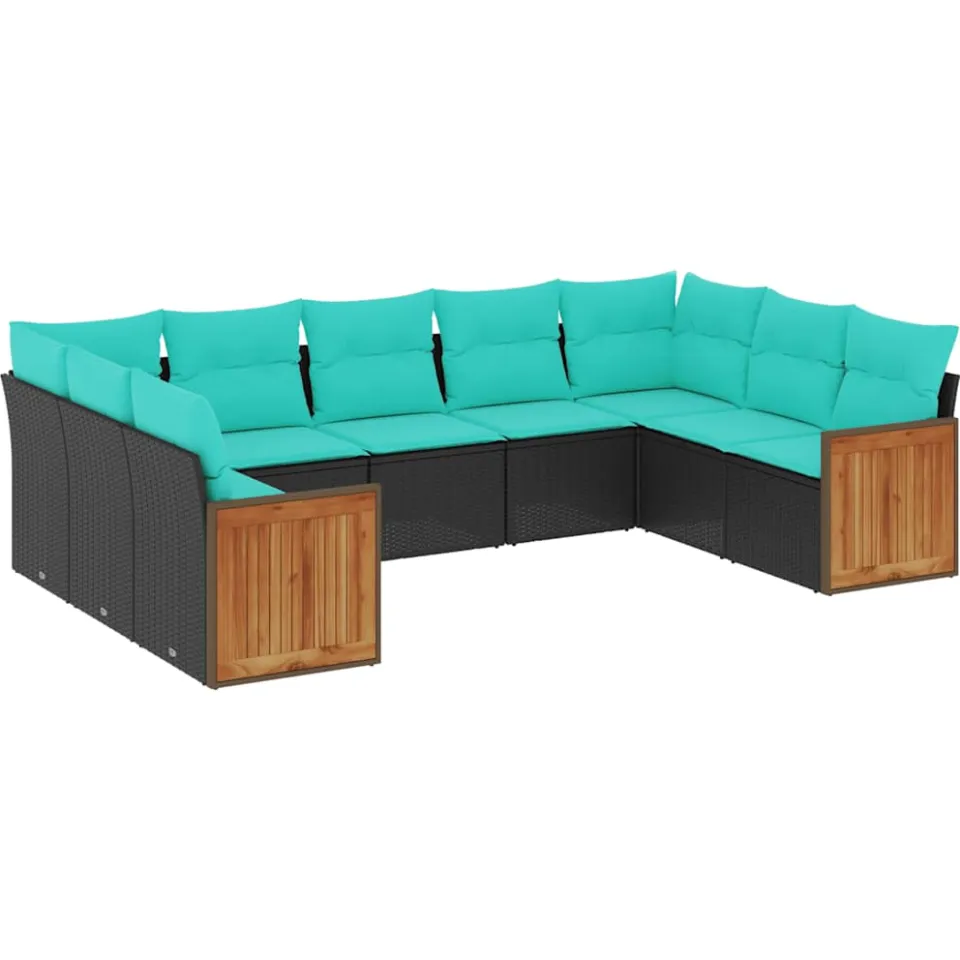 vidaXL 9-delige tuinbankset met kussens van zwart polyrotan, foto 3