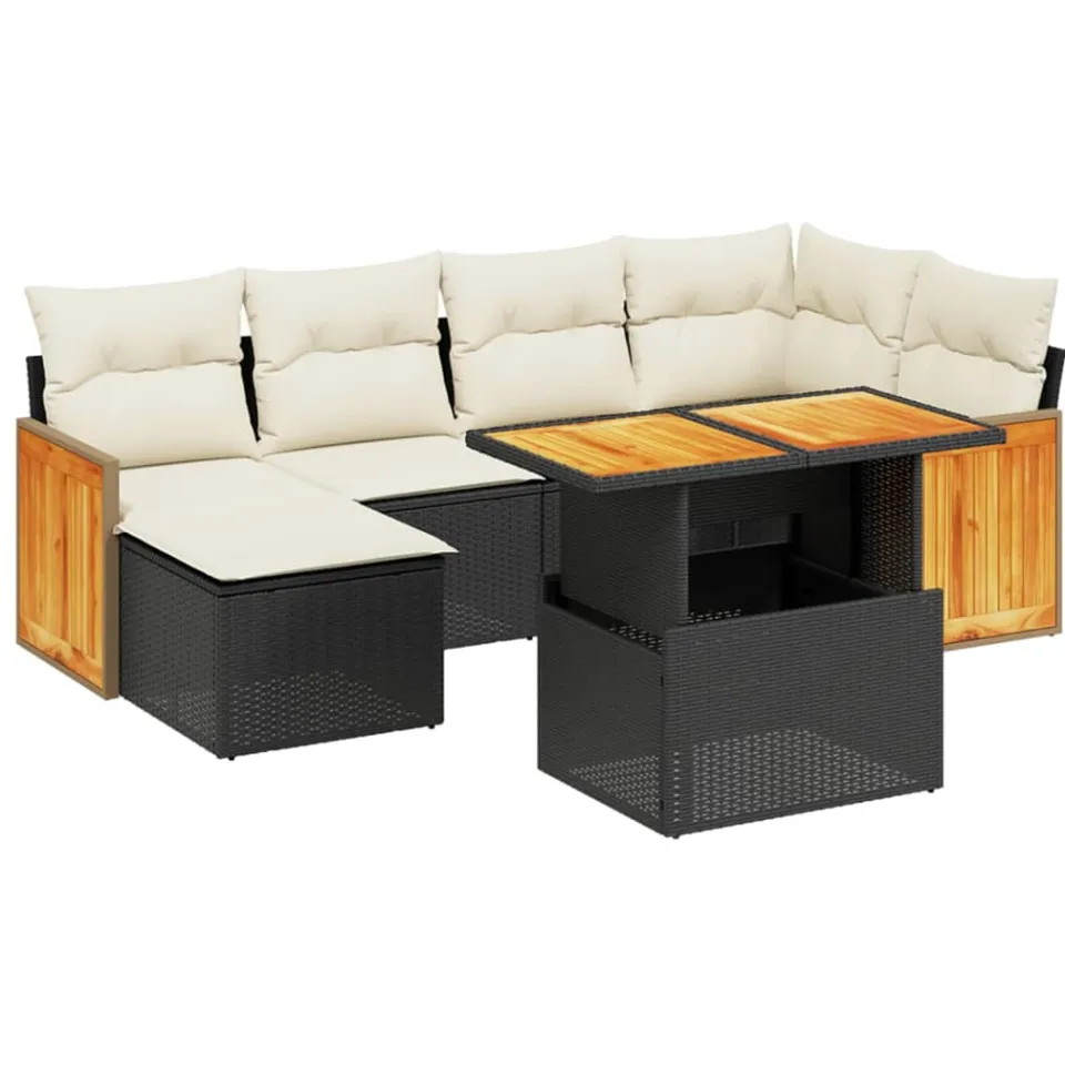vidaXL 7-delige Loungeset met kussens poly rattan zwart