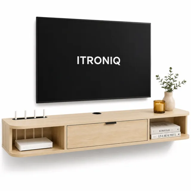 ITRONIQ TV Meubel Hangend 120 CM – Zwevend TV Meubel Met Klepdeur – Modern Wandmeubel Met Kabelmanagement – Licht Eiken Hout
