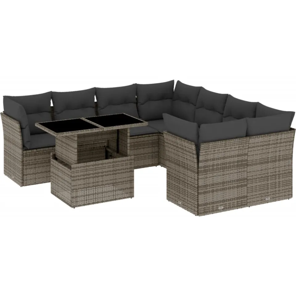 vidaXL 9-delige Loungeset met kussens poly rattan grijs, foto 3