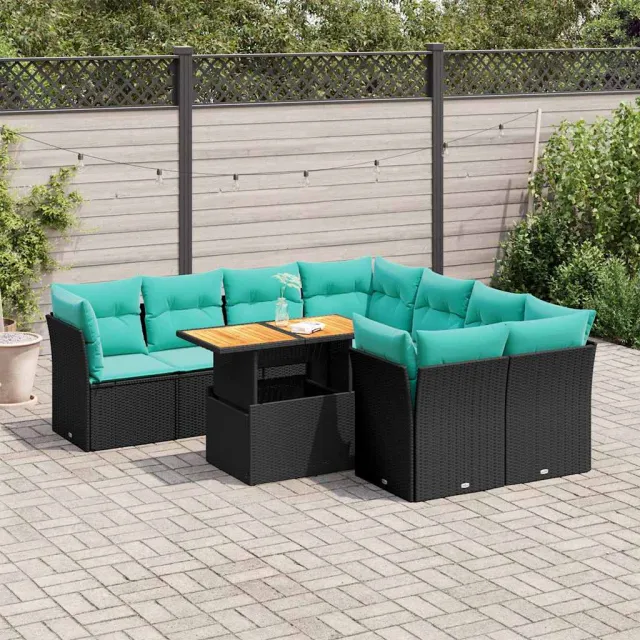 vidaXL 9-delige Loungeset met kussens poly rattan zwart, foto 2
