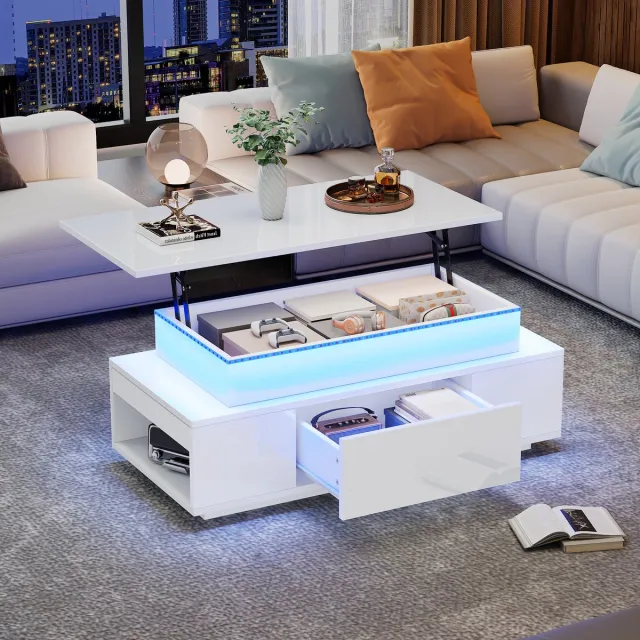 HAUSS SPOLE Salontafel - Verstelbare Koffietafel Met Verborgen Opbergruimte En Lade - Hoogglans Met LED - Spaanplaat - 96x45x40 cm - Wit