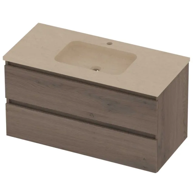 Basic-Line Rocky 46 Badmeubelset Hardsteen 1 Kraangat Greeploos 100x46x54 cm Dusk Oak Sand Stone Beige