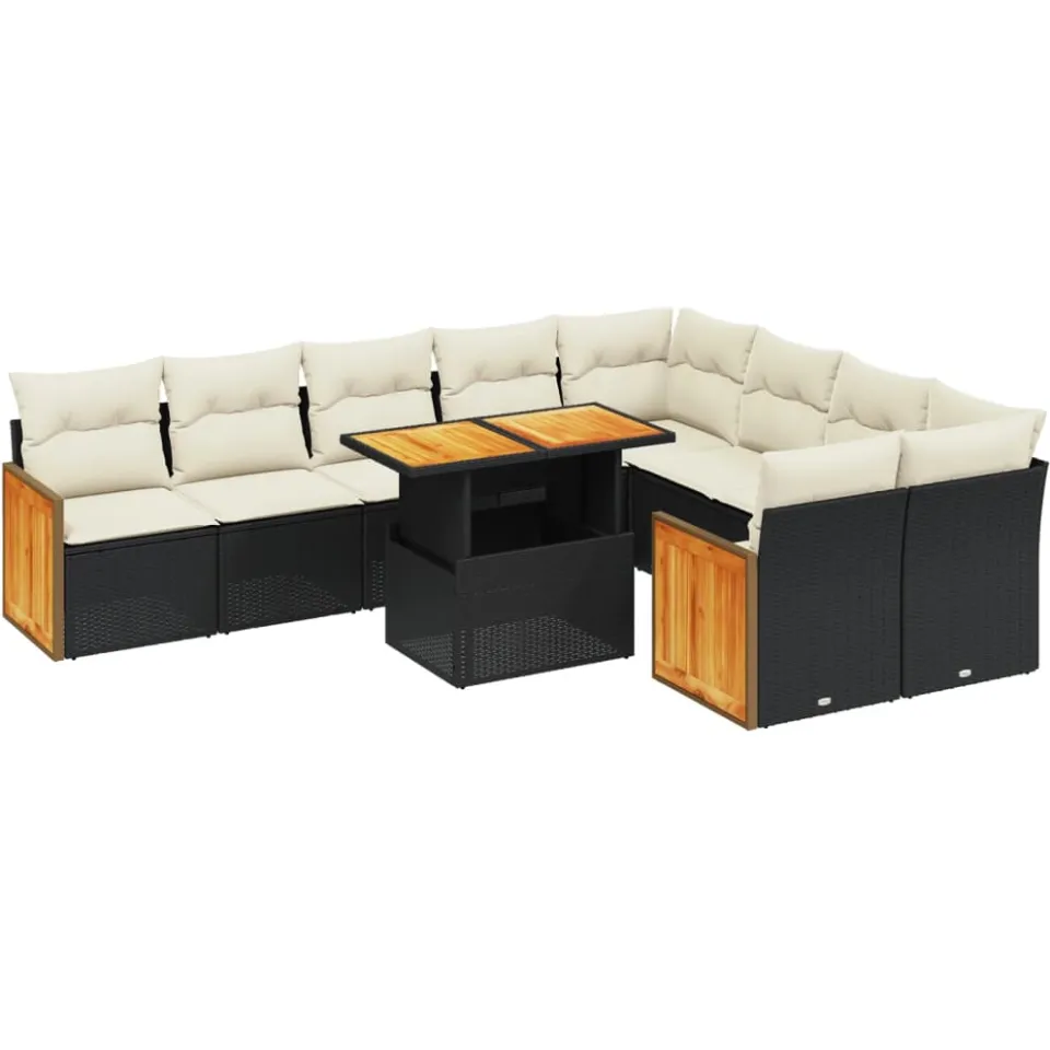 vidaXL 10-delige Loungeset met kussens poly rattan zwart