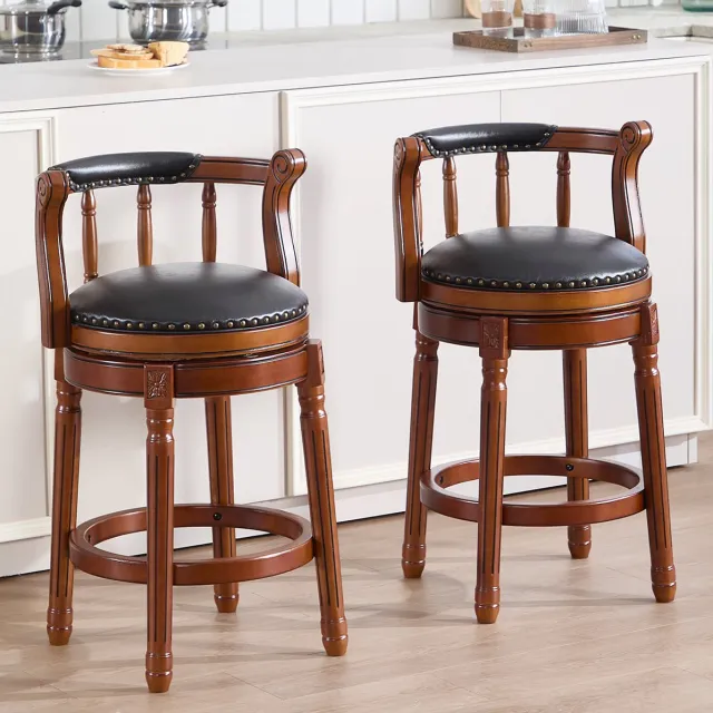 MEUNIQ barkruk draaibaar 360 graden met rugleuning en armleuningen, leren zitting, houten frame, zithoogte 66 cm voor keuken, eethoek of bar, zwart