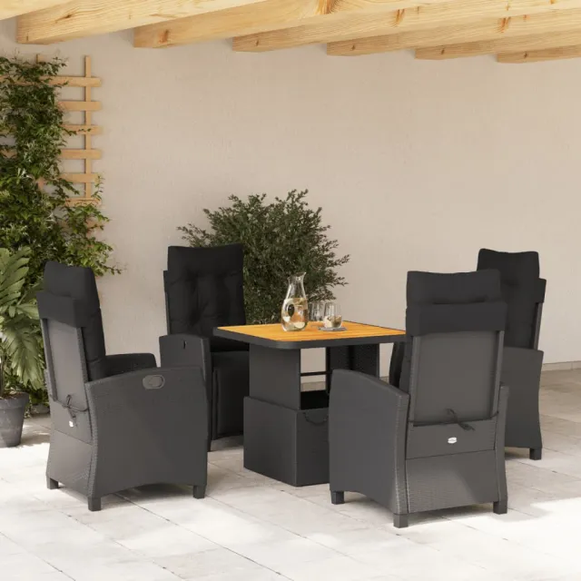 vidaXL 5-delige Tuinset met kussens poly rattan zwart