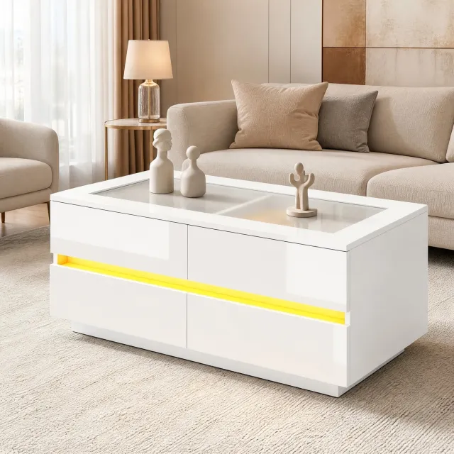 WUVRIE Salontafel 100x50x40 cm - 4 lades, LED-verlichting en glazen blad - Wit