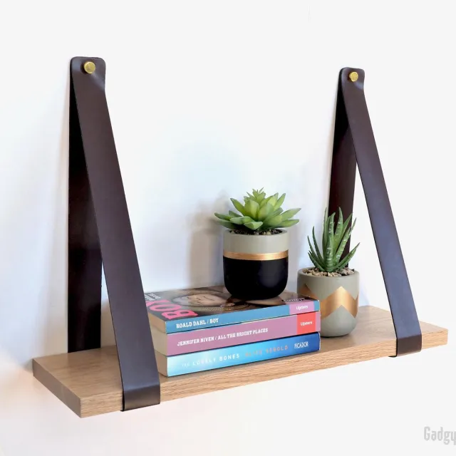 Gadgy Wandplank Zwevend - Wandplank Hout - Wandrekken - Wandplank met Leren Riemen - Boekenplank - Wanddecoratie - Book Shelf 50x15CM Bruin-leer