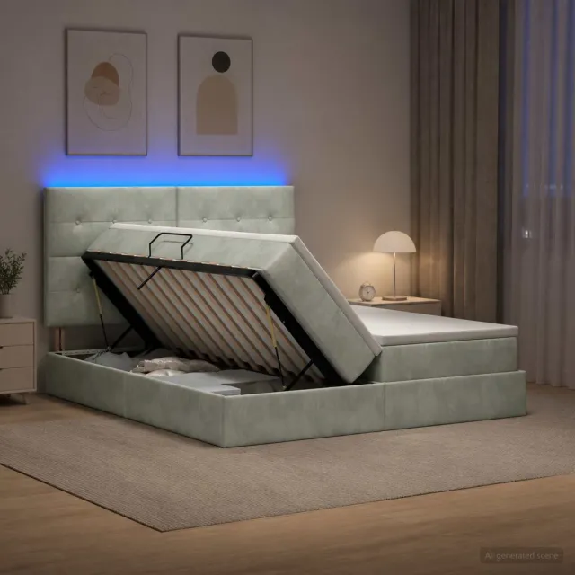 vidaXL LED Opslagbed met Matras Lichtgrijs 200 x 200 cm Fluweel