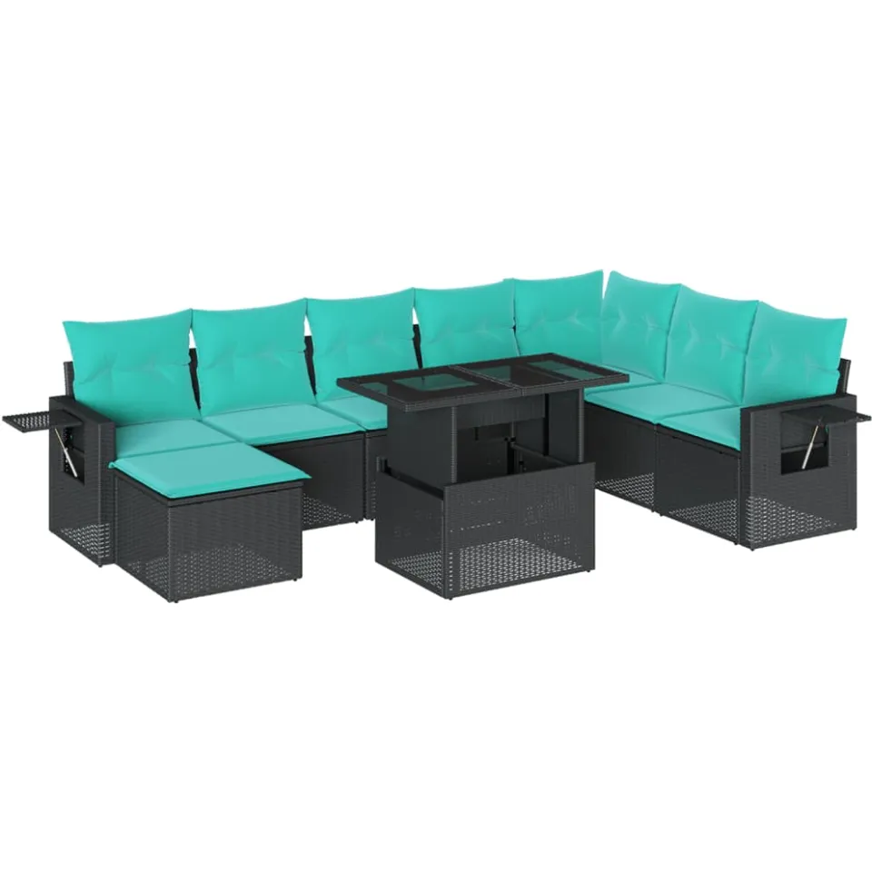 vidaXL 9-delige tuinbankset met kussens van zwart polyrotan, foto 3