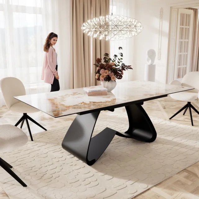 DELIFE Eetkamertafel Edge keramiek Minas Melange wit-beige 180-220x100 W-frame zwart uitschuifbaar Weiß-Beige