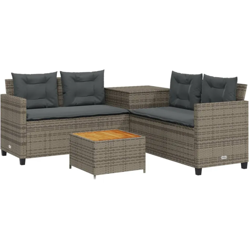vidaXL Tuinbank met tafel en kussens L-vormig poly rattan grijs