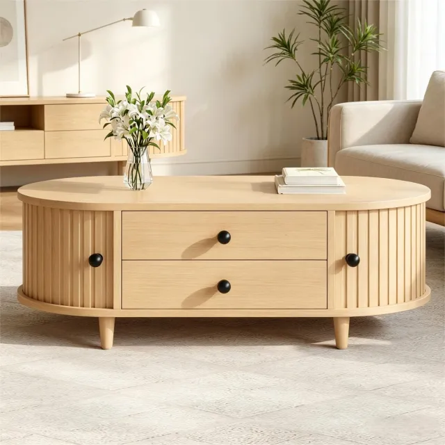 DESMIU Salontafel - Ovale Vorm Met 2 Laden En Rollende Deuren - Voor Woonkamer - MDF Met Massief Houten Poten - 100x50x36 Cm - Naturel Natural Wood