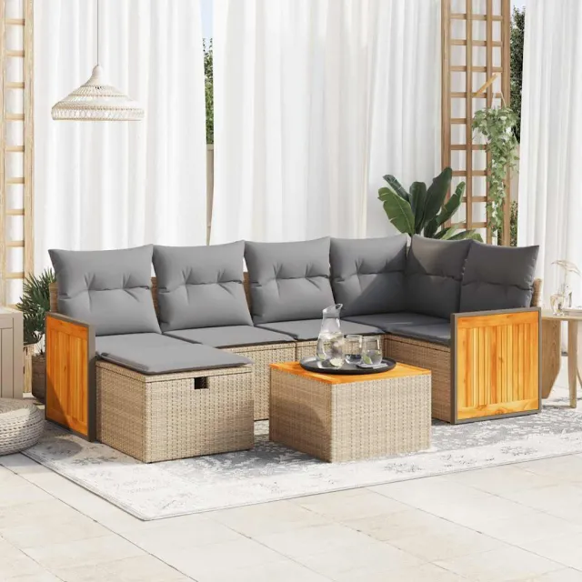vidaXL 7-delige Loungeset met kussens poly rattan beige, foto 2