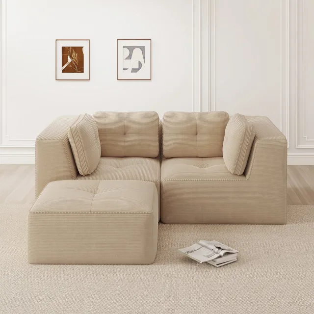 DESMIU Hoekbank 208 x 177 x 69 cm - Modulaire 2-Zits L-Vorm Met Verplaatsbare Voetensteun - Voor Woonkamer En Slaapkamer - Corduroy Beige
