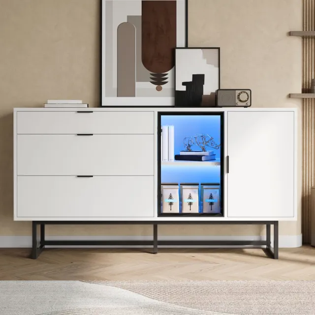MODFU Dressoir - Met 3 Laden En Glazen Deuren - Modern - Voor Eetkamer Of Woonkamer - MDF En Spaanplaat - Wit - 160 x 36 x 78 cm