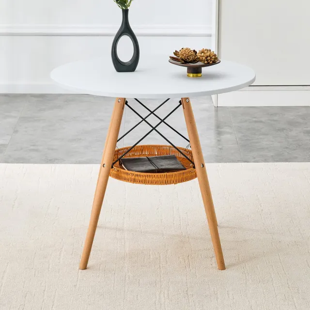 REDOM Ronde Eettafel - Met Opbergmand - Scandinavisch - Voor Kleine Ruimtes - MDF En Hout - Wit En Naturel - Ø 80 Cm White,Wood
