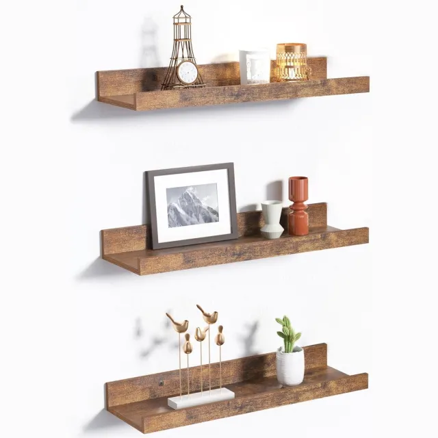 PromoHome Zwevende Wandplank Set - 3 Stuks Bruine Planken met Witte Beugels