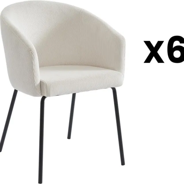 Vente-unique Set van 6 stoelen met armleuningen van ribfluweel en metaal - Crèmewit - MORONI