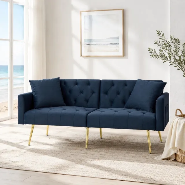 REDOM Slaapbank - 3-voudig verstelbare rugleuning - 2-zits met 2 kussens - Modern - Woonkamer en klein appartement - Fluweel en metaal - Blauw - 177 x 78 x 74 cm