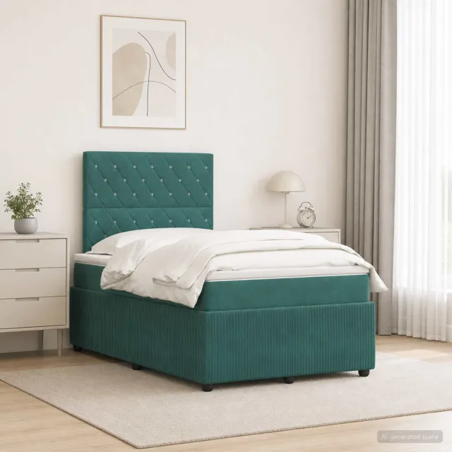 vidaXL LED Boxspring Bed met Matras Donkergroen 120 x 190 cm Fluweel