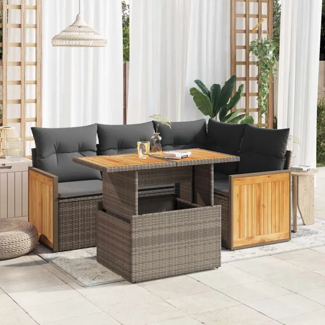 vidaXL 5-delige Loungeset met kussens poly rattan acacia grijs, foto 2