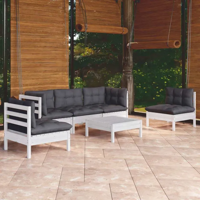 vidaXL 6-delige Loungeset met kussens massief grenenhout wit, foto 2