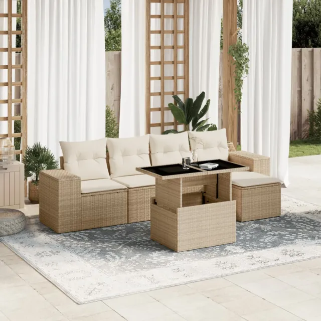 vidaXL 6-delige Loungeset met kussens poly rattan beige, foto 2