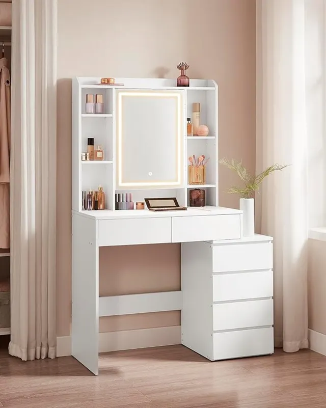 Vasagle Make-uptafel met ledverlichting, instelbare helderheid, kaptafel met spiegel en met laden, open vakken, verstelbare planken - wit - RDT124W01-2