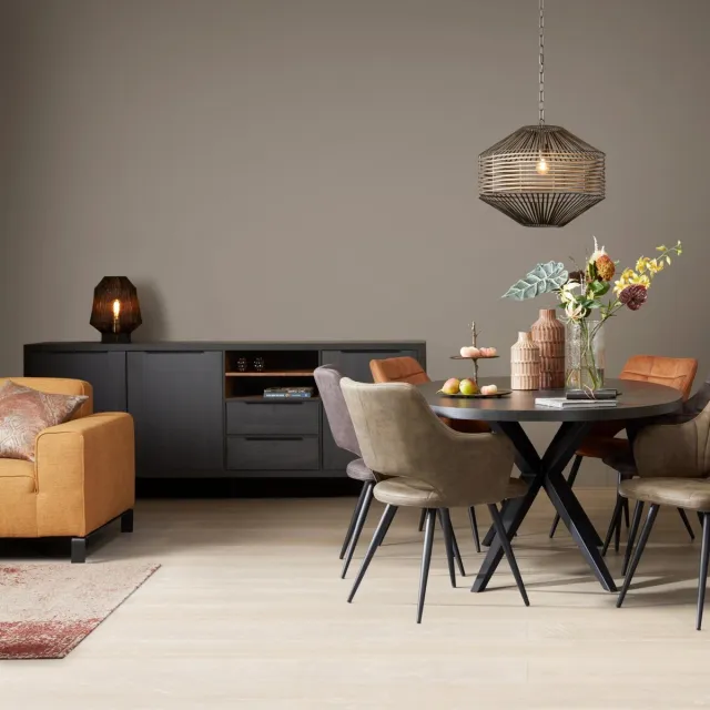 Woonexpress Dressoir Zwanenburg - Lamulux - Zwart/Teak - 225x90x48 cm (BxHxD) - 3 Draaideuren - 2 Laden Antraciet/Zwart