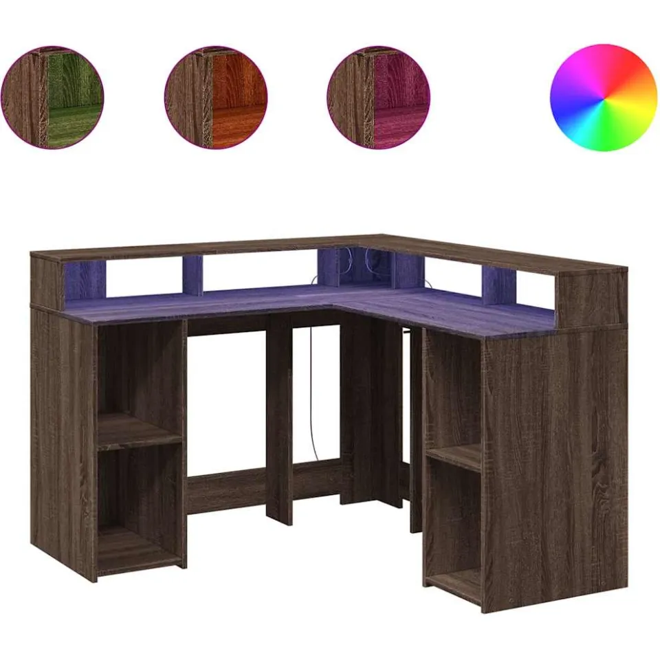 vidaXL Bureau met LED-verlichting 130x130x91 cm hout bruin eikenkleur, foto 3