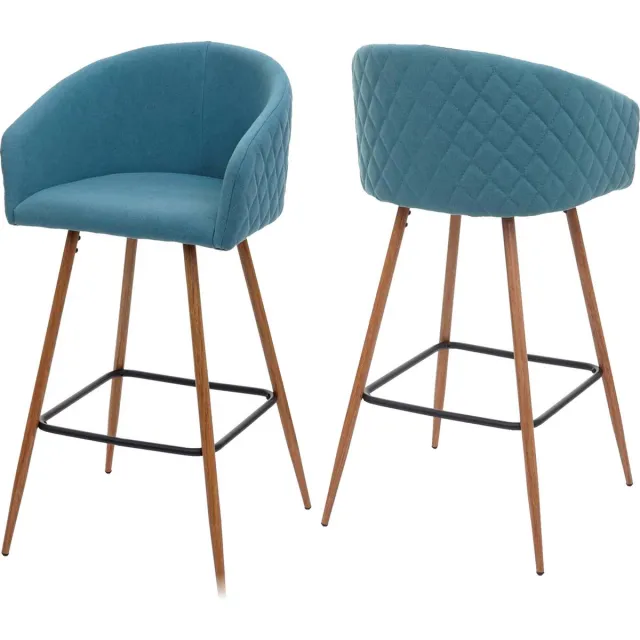 MCW Set van 2 barkrukken MCW-D72, barkruk aanrechtkruk keukenkruk met rugleuning, metaal houtlook ~ stof/textiel, turquoise