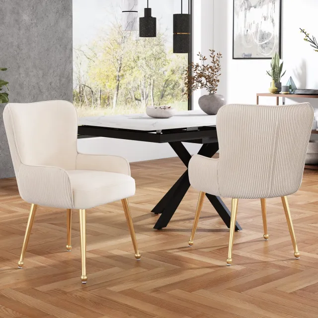 COVREO Eetkamerstoel 83x57 cm - beige velvet, metalen onderstel, armleuningen, set van 2 Beige+Gold