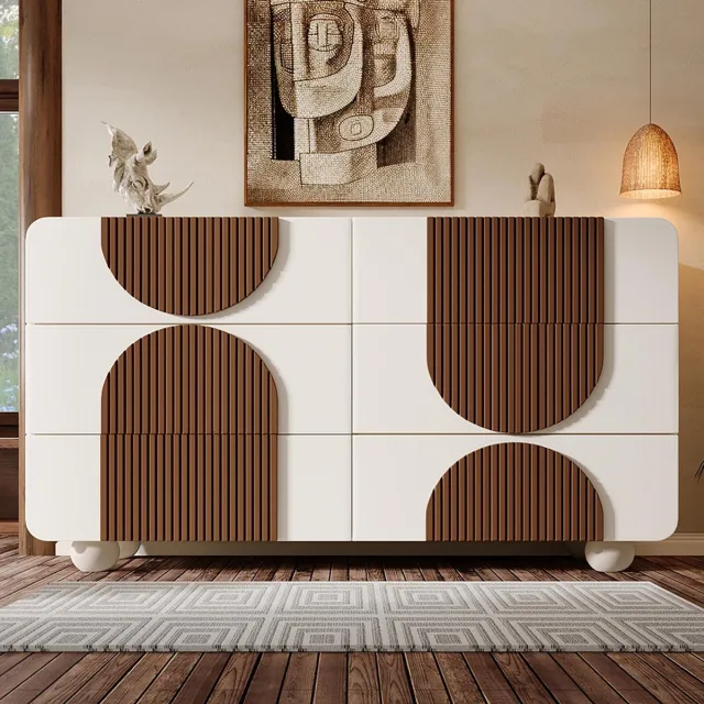 KOMHTOM BLACKCOLORS - Commode - Met 6 Lades en Gebogen Design - Elegant Wit Dressoir - Chocoladekleurige Houten Latten - Geruisloze Uitschuifbare Lades - Kantelbeveiliging