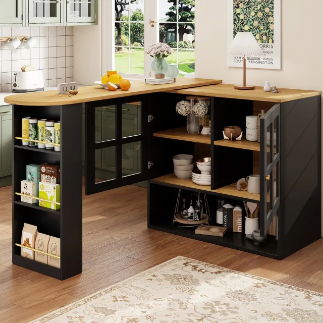 HAUSS SPOLE Dressoir - Draaibaar 360° Uittrekbaar 138-204x39x102.5 cm - Glasdeuren Met 3 Planken - MDF - Zwart - Voor Woon En Eetkamer