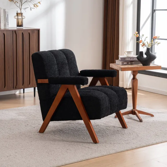 COVREO Fauteuil 77 x 68,5 x 77 cm - zwart bouclé, houten frame, met armleuningen