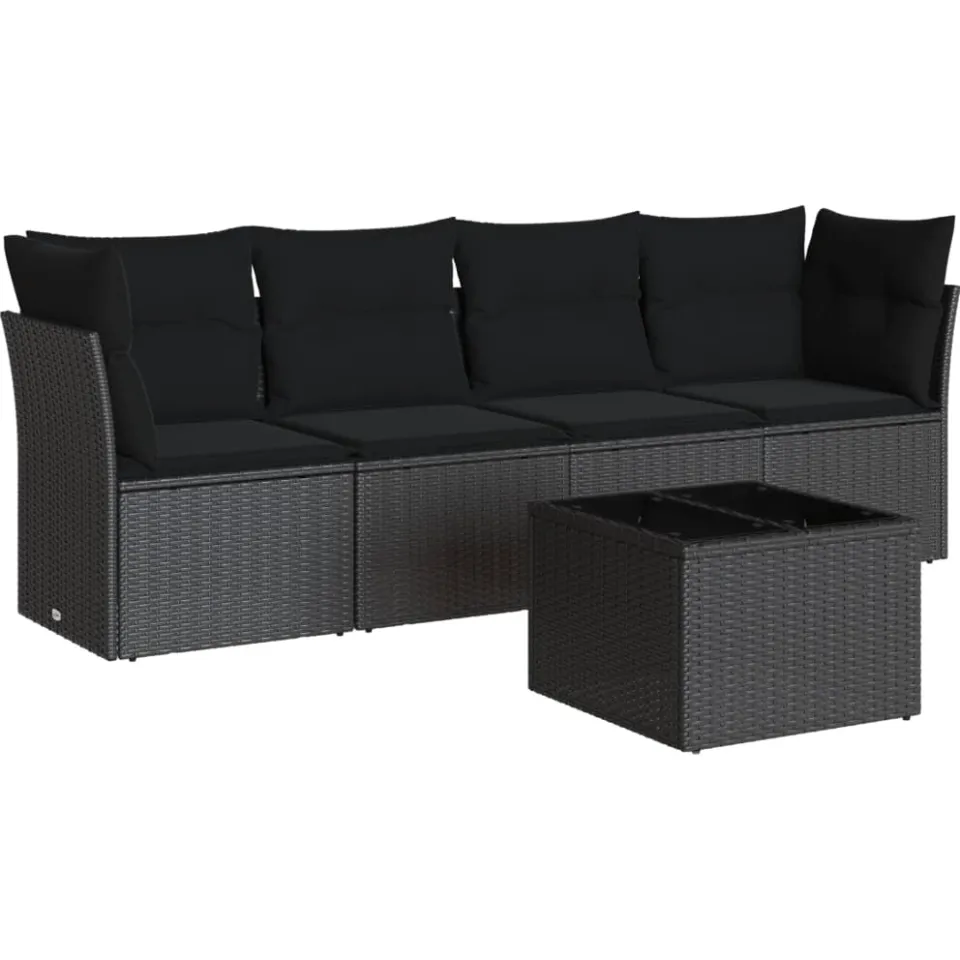 vidaXL 5-delige Loungeset met kussens poly rattan zwart