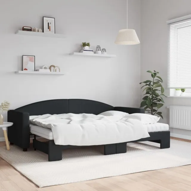 vidaXL Slaapbank met onderschuifbed en matrassen 80x200 cm stof zwart