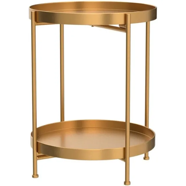 PEAM Stijlvolle Ronde Metalen Bijzettafel Met 2 Lagen In Goud – Perfect Voor Woonkamer - Slaapkamer En Balkon