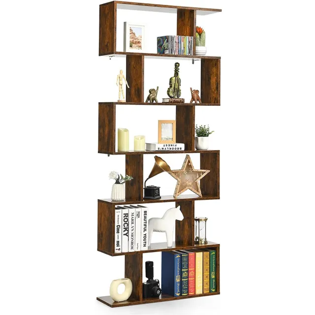 LUXGOODS® Boekenkast in S-vorm met 6 etages - Multifunctionele houten boekenkast met anti-kanteldesign Zwart
