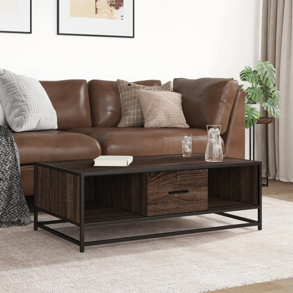 vidaXL Salontafel 100x57x35 cm bewerkt hout en metaal bruin eikenkleur, foto 2