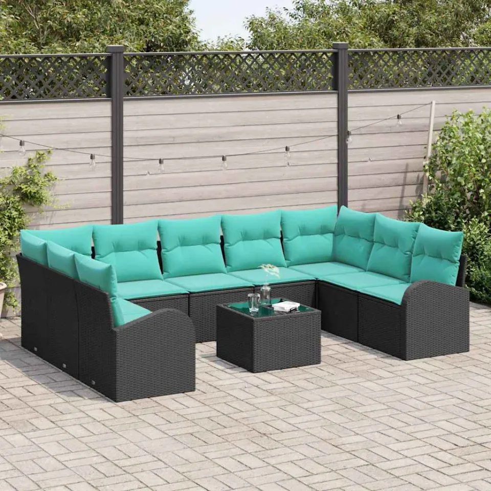 vidaXL Tuinbankenset 10 st Zwart en Turquoise poly rattan, foto 3
