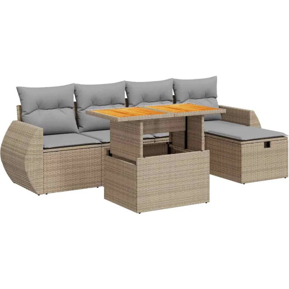 vidaXL 6-delige Loungeset met kussens poly rattan acacia beige, foto 3