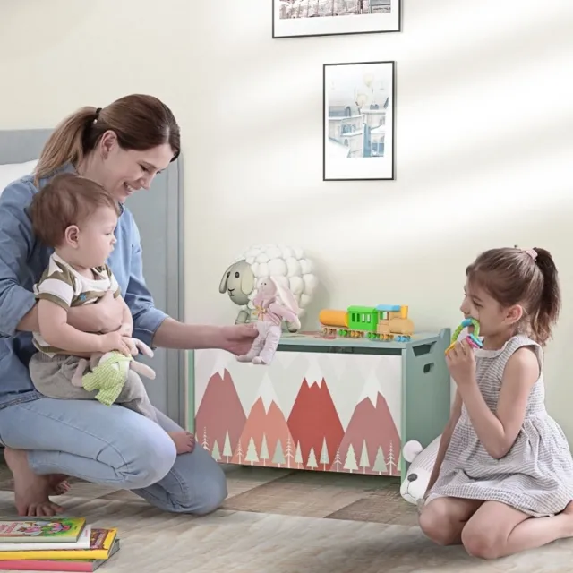 MEUNIQ kinderspeelgoedkist 60 x 37 x 39 cm met klapdeksel en veiligheidsscharnier, houten opbergkist voor speelgoed in kinderkamer of speelkamer, groen