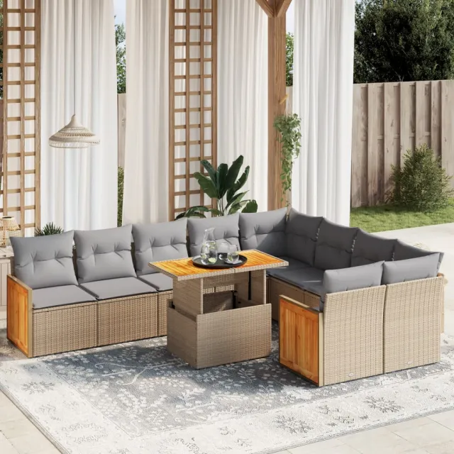vidaXL 10-delige Loungeset met kussens poly rattan beige, foto 2