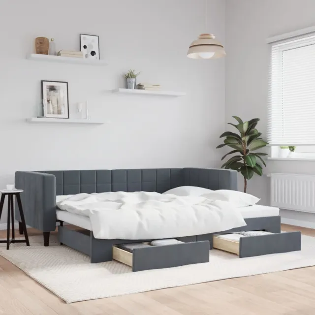 vidaXL Slaapbank onderschuifbed en lades 90x200 cm fluweel donkergrijs